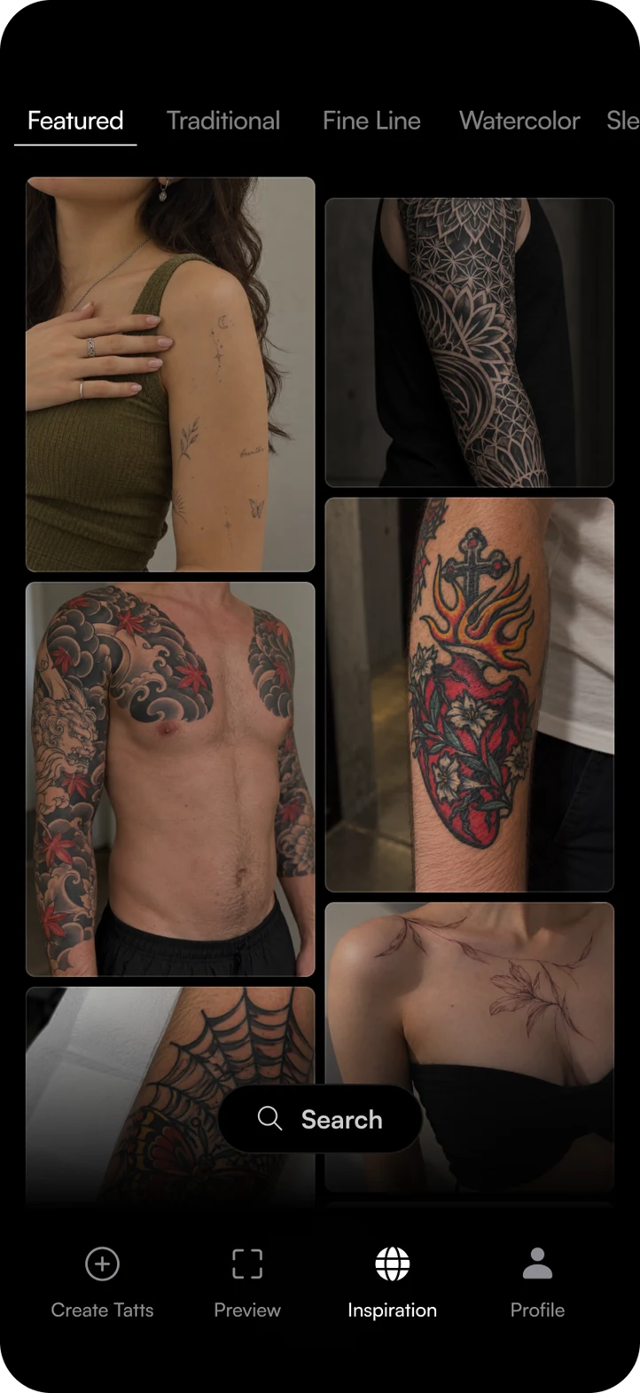 Tatts app: tattoo inspiration feed filtered by style