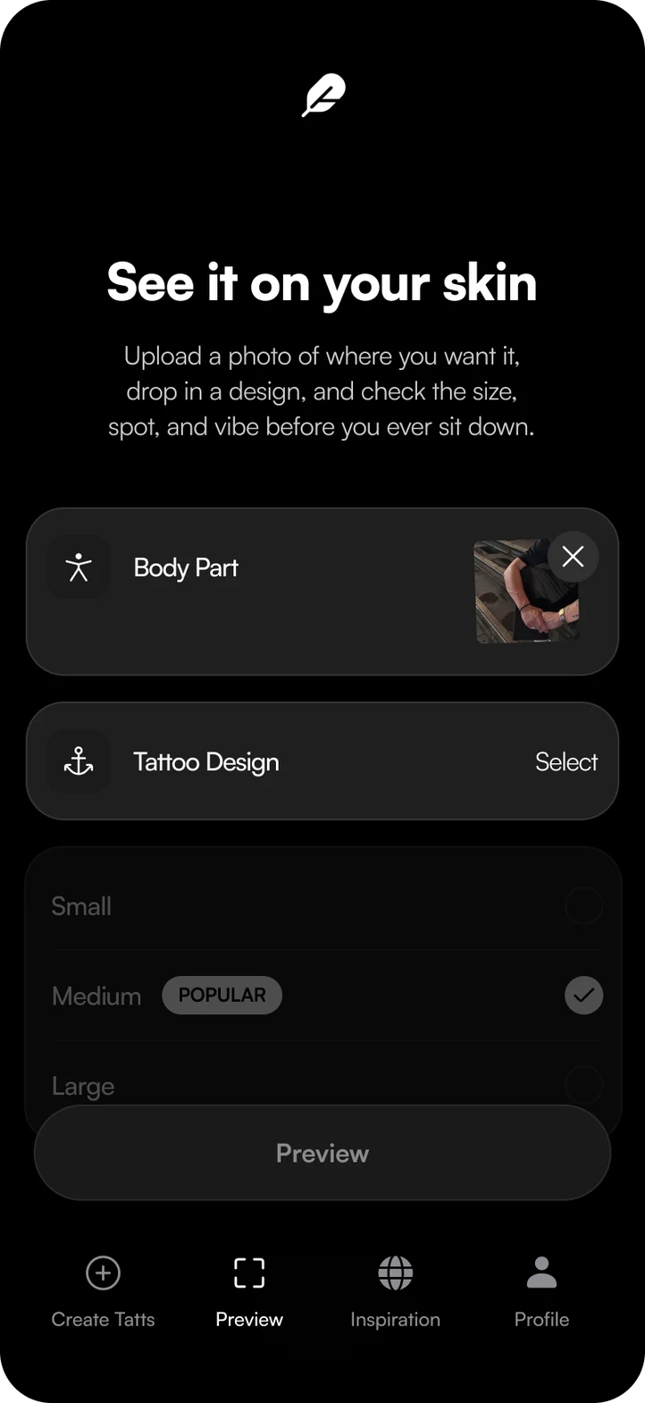 Tatts app: See it on your skin preview with a body photo and size options