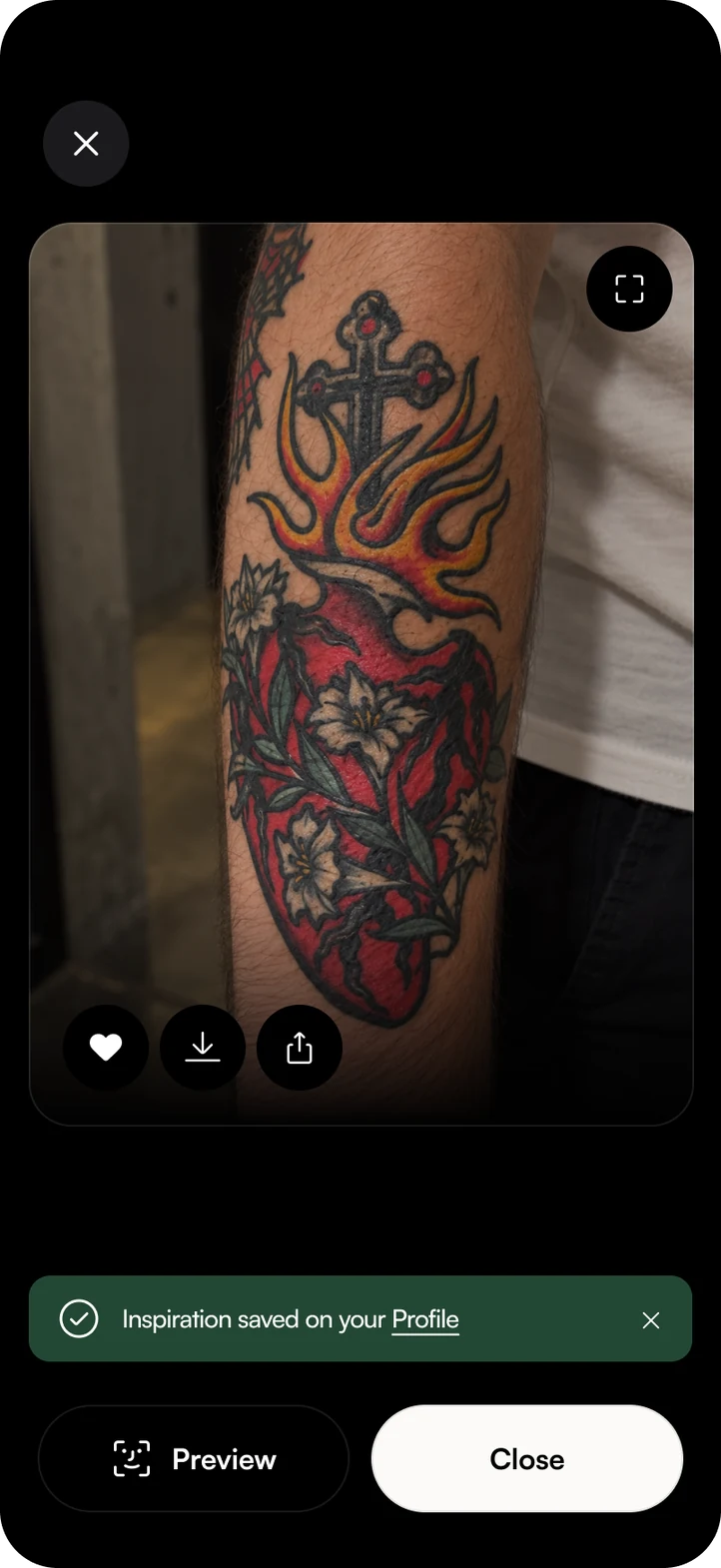 Tatts app: inspiration saved to your profile, ready to preview or download