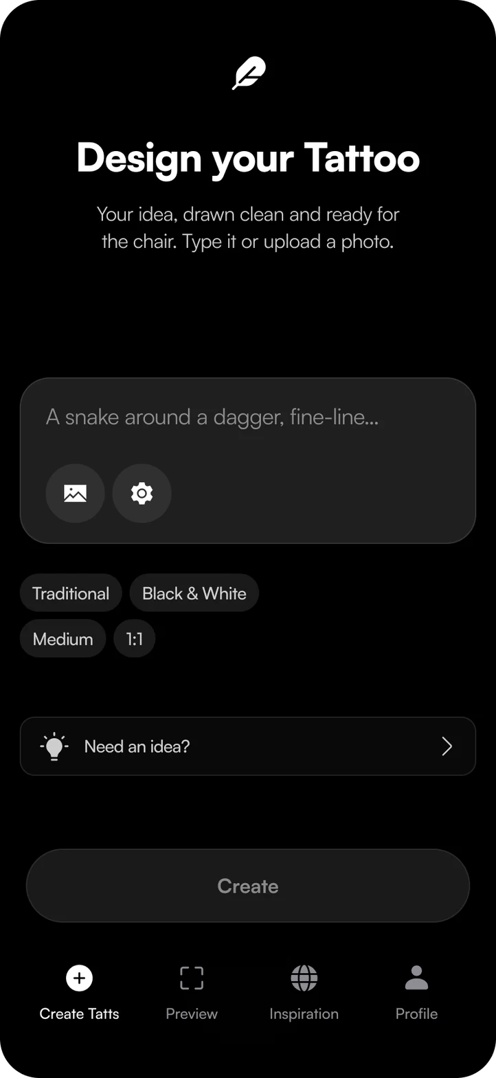 Tatts app: Design your Tattoo screen with style, color, size and shape settings