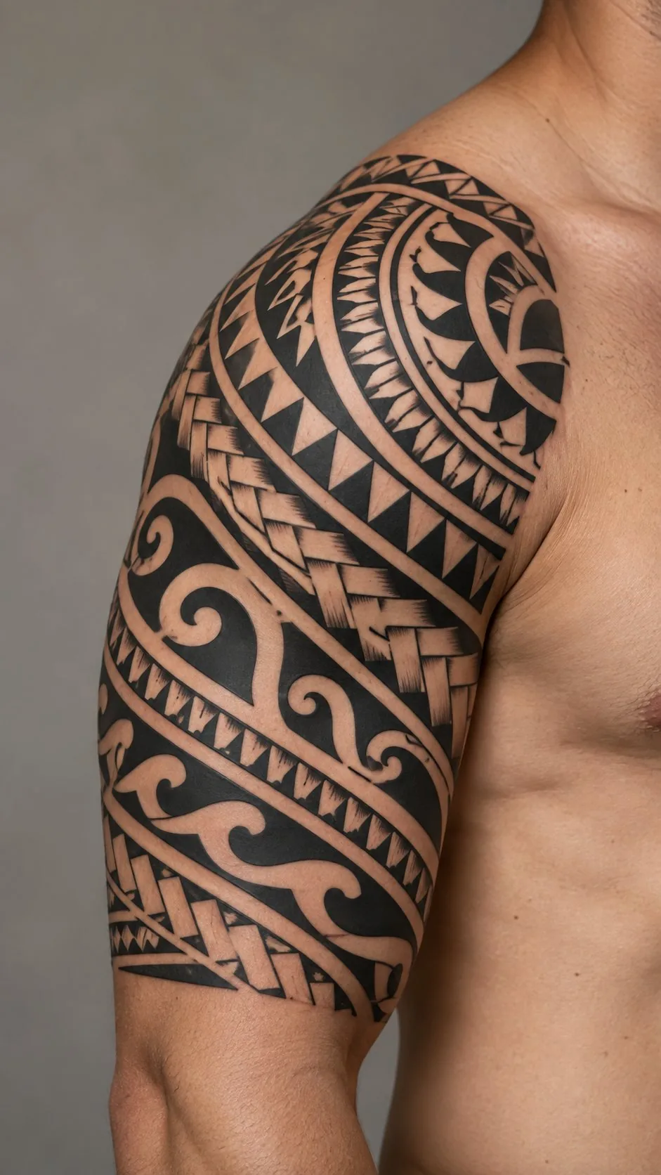 Polynesian-style blackwork shoulder tattoo