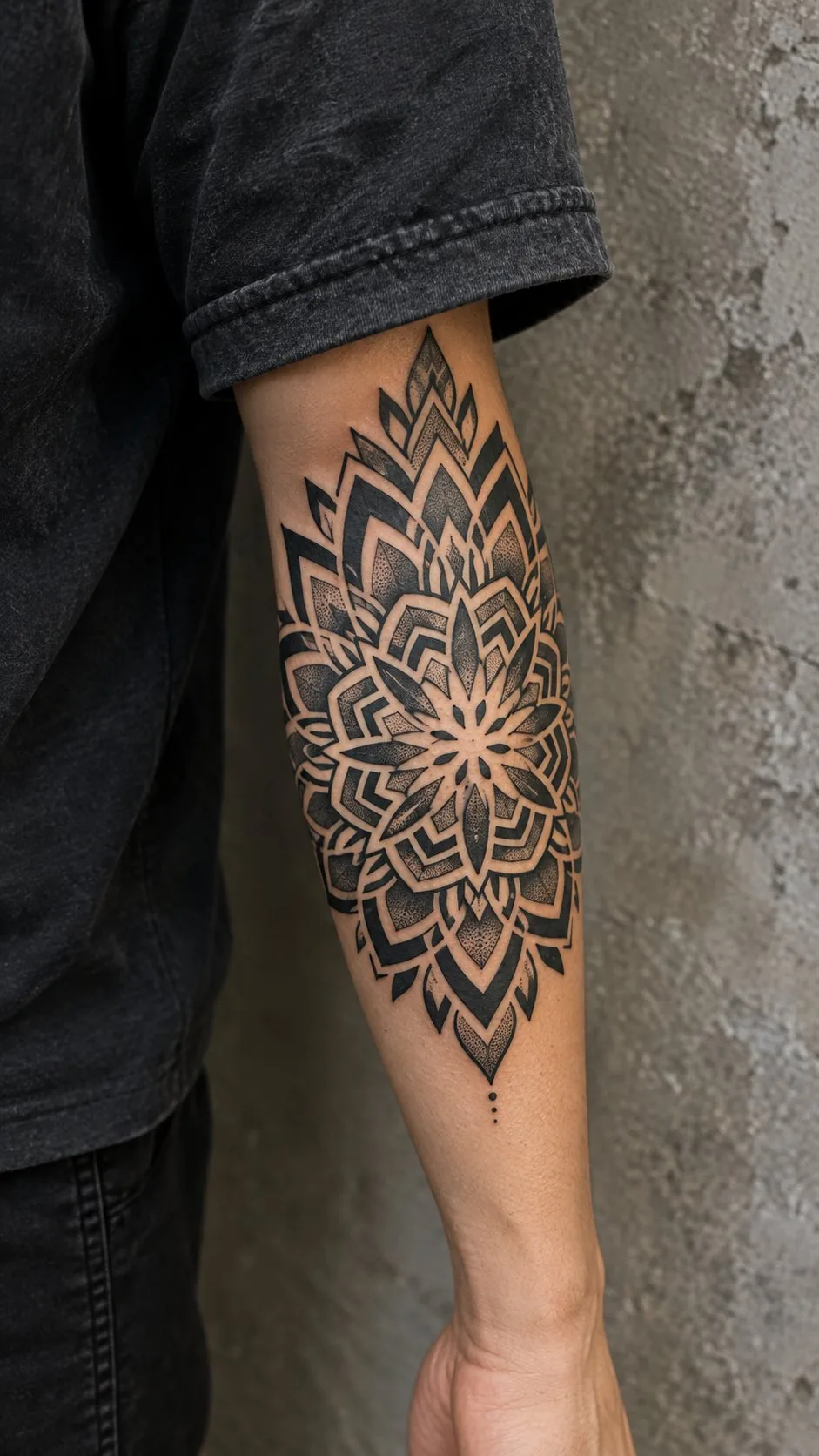 Bold blackwork mandala tattoo on the forearm