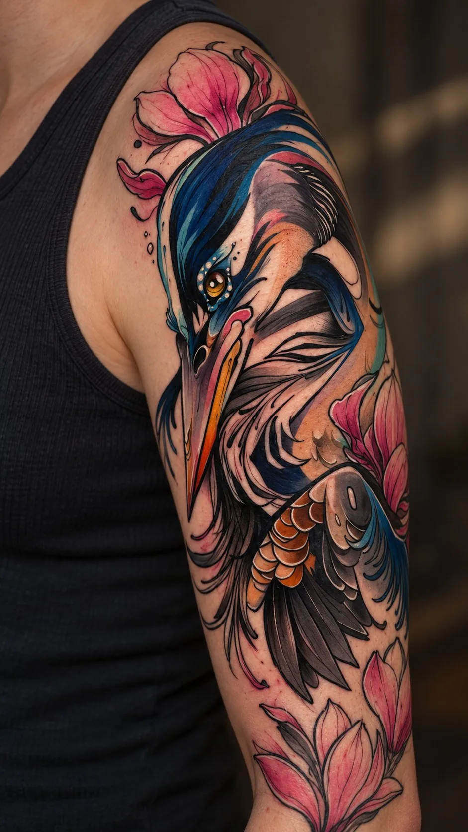 Illustrative heron and magnolia tattoo on the upper arm