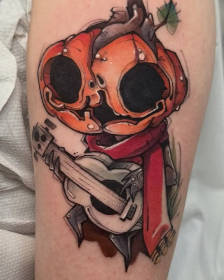 Illustrative pumpkin character with guitar tattoo