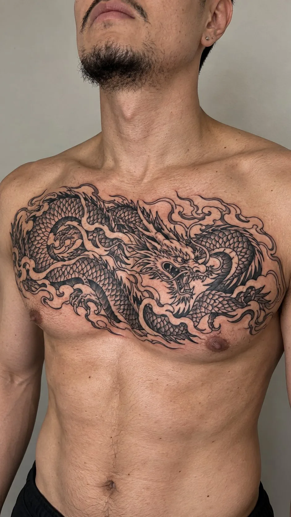 Japanese dragon chest piece in black and gray