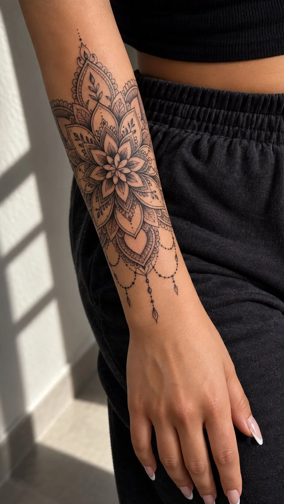 Ornamental mandala forearm tattoo with hanging beads