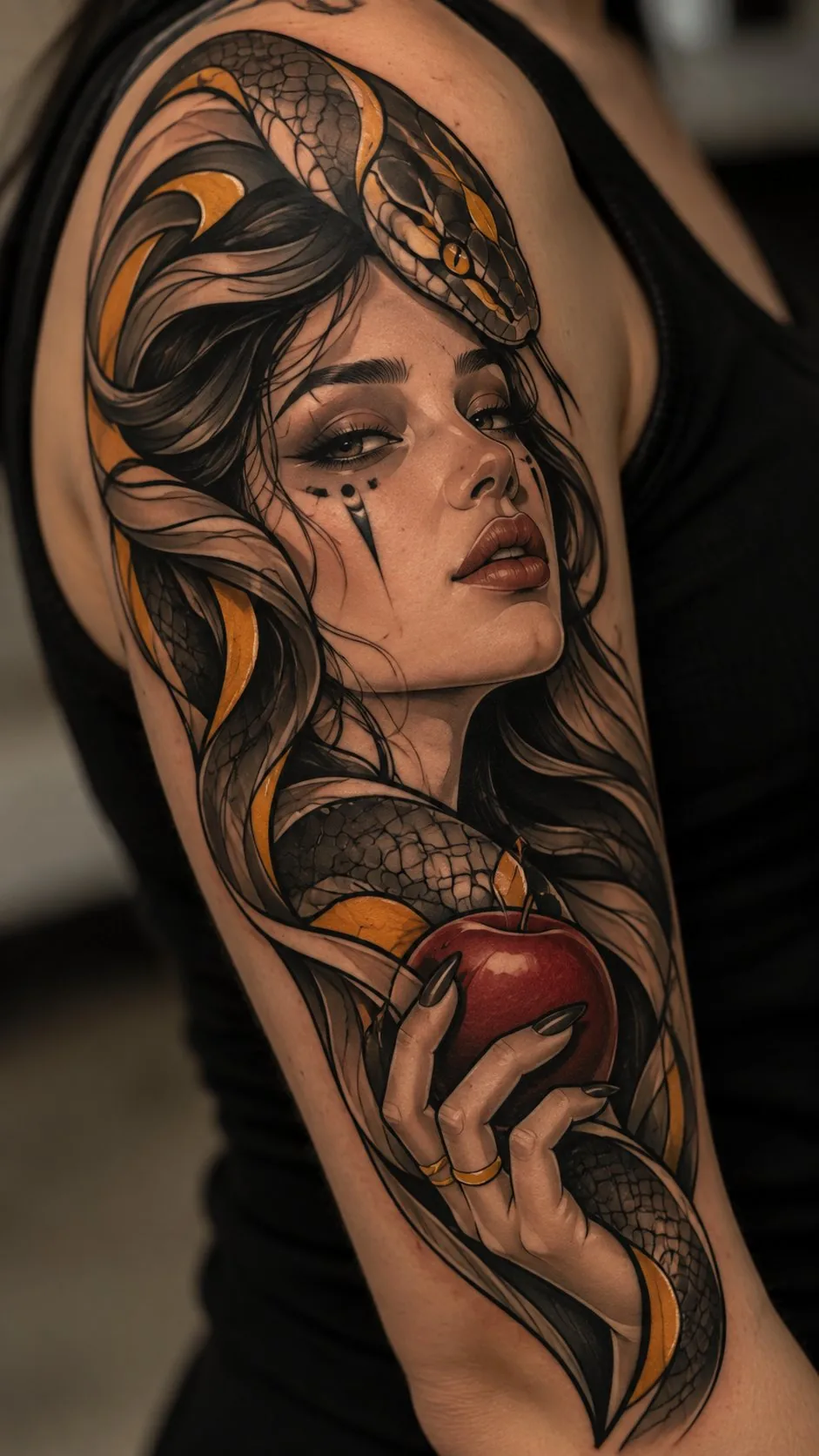 Neo-traditional woman with snake and apple tattoo on the upper arm