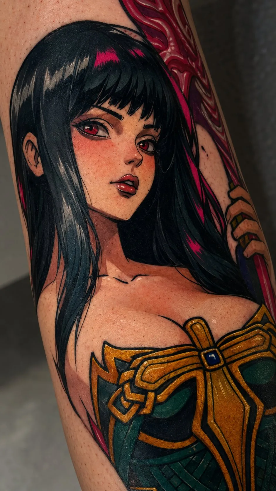 Neo-traditional anime-style warrior woman tattoo