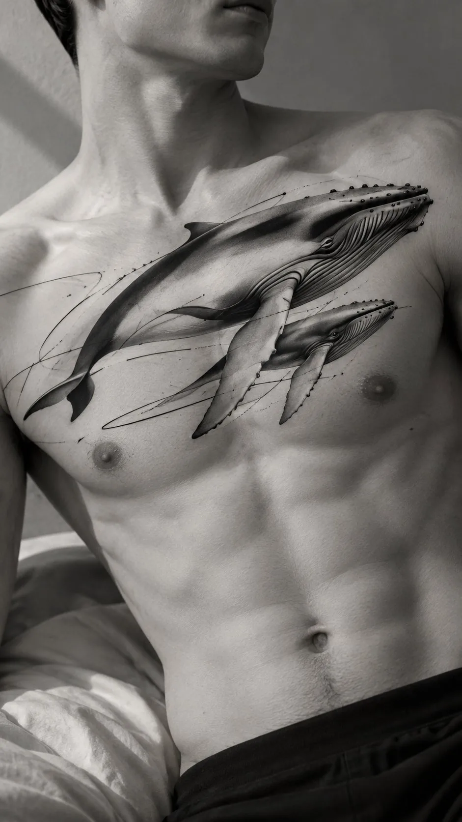 Realistic humpback whales tattoo across the chest