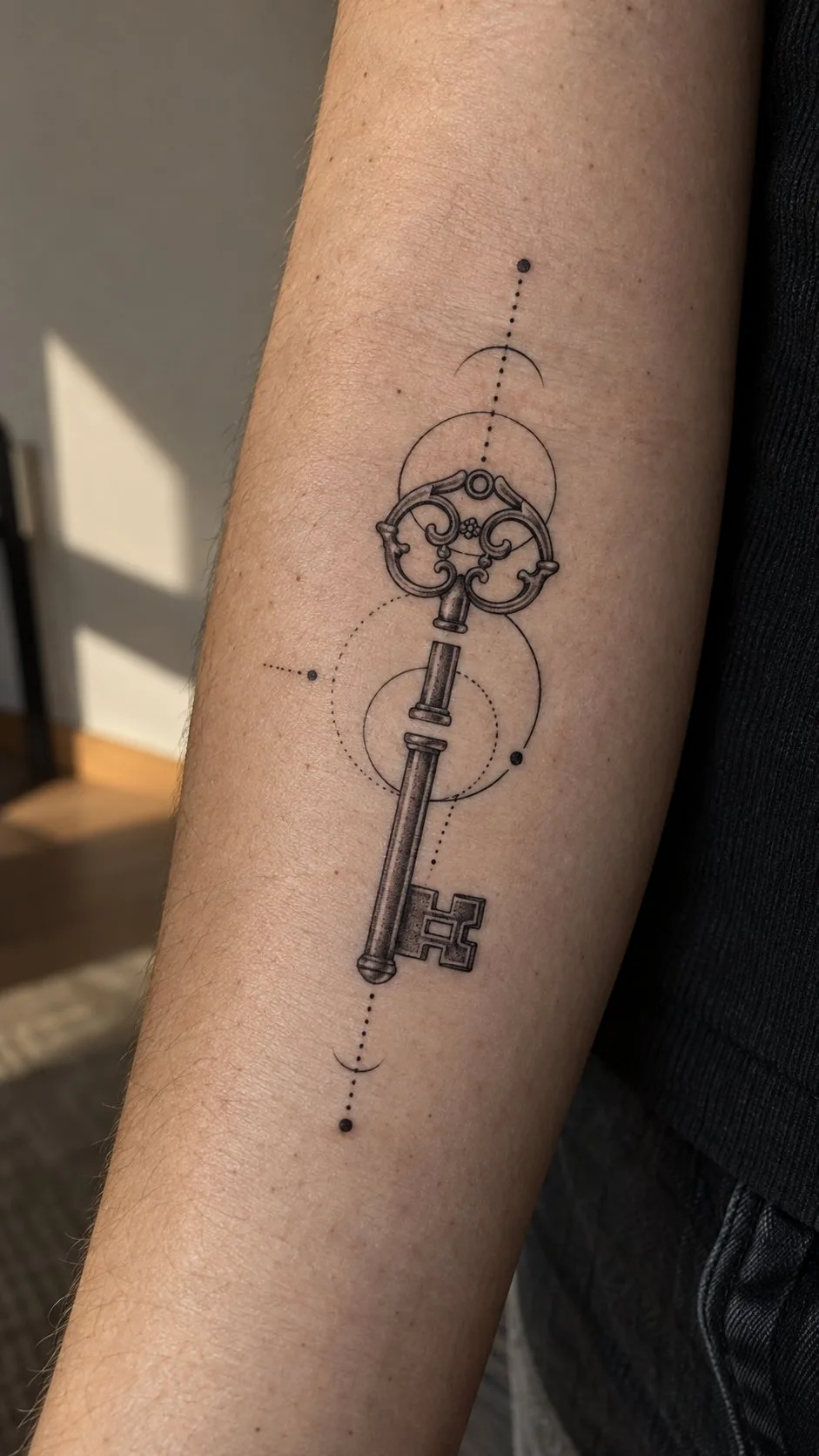 Realistic antique key tattoo on the forearm