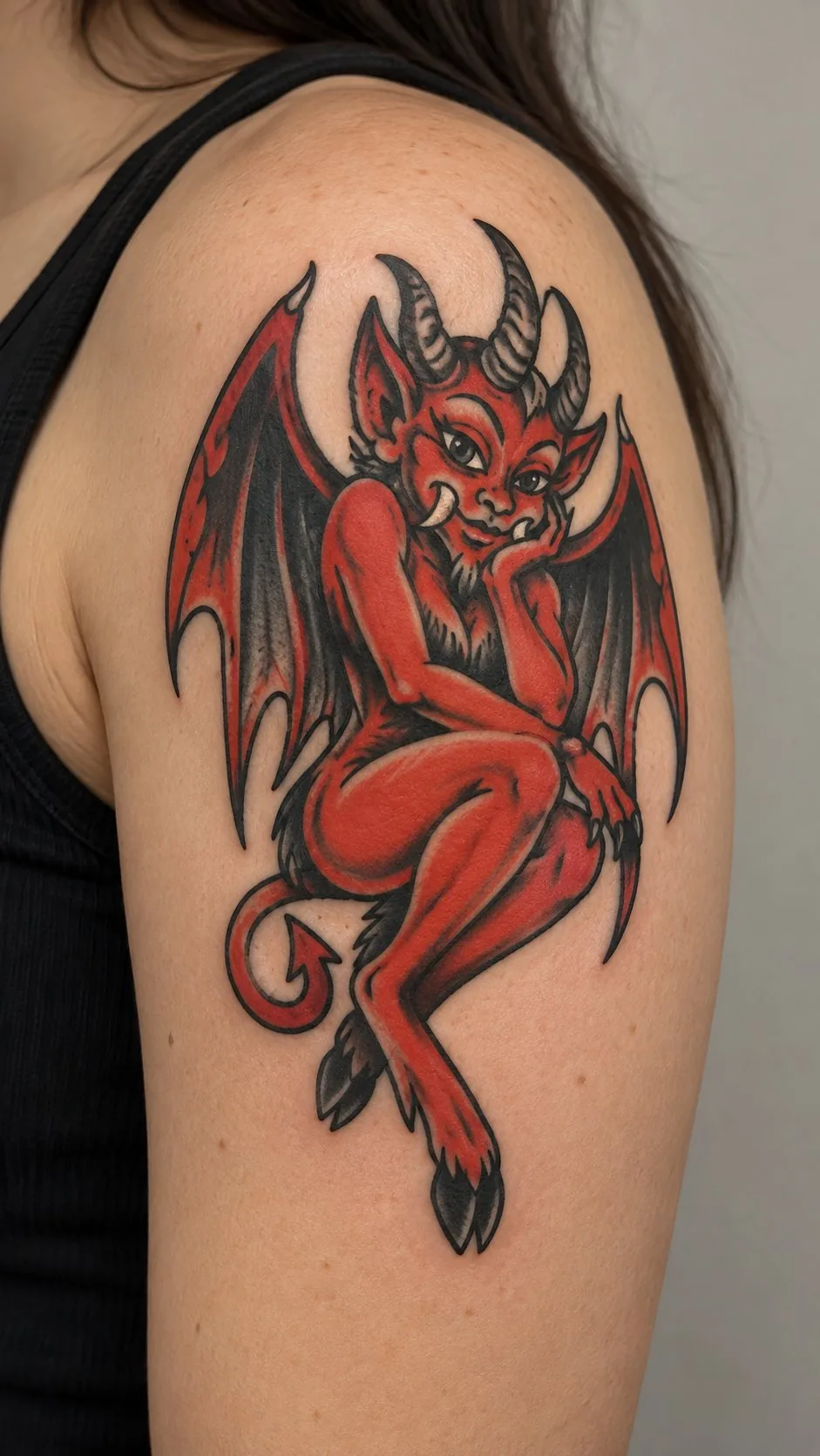 Traditional devil pin-up tattoo on the shoulder