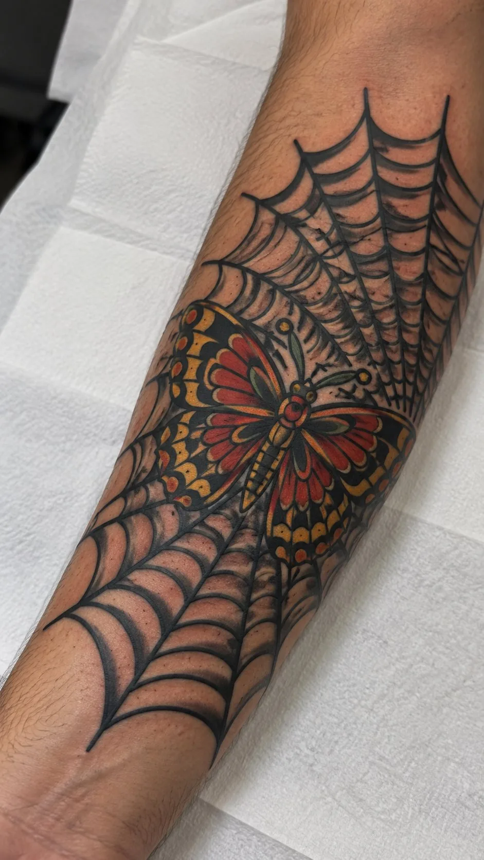 Traditional spiderweb and butterfly forearm tattoo