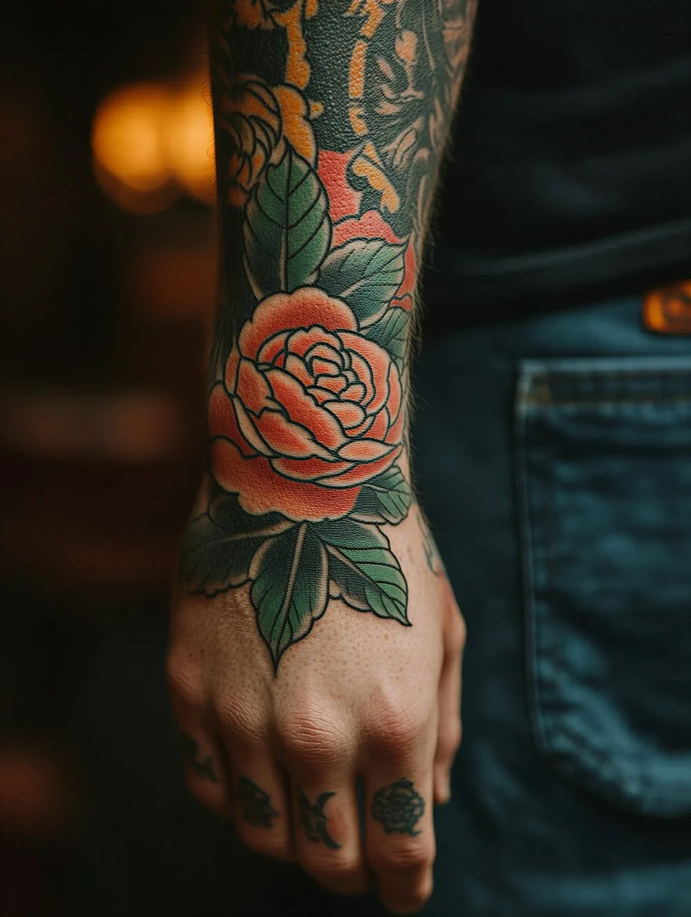 Traditional rose tattoo on the hand and wrist