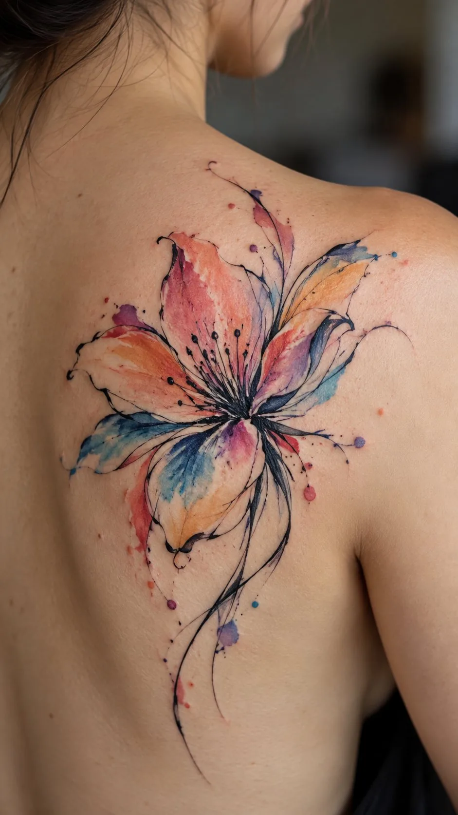 Watercolor lily tattoo on the shoulder blade