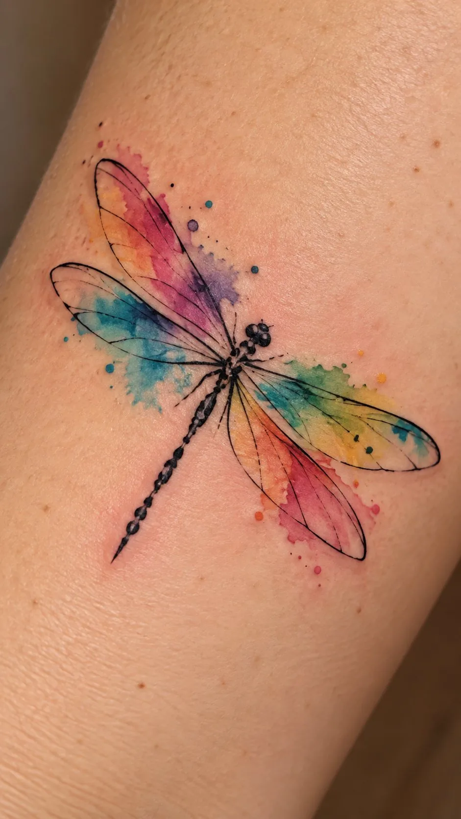 Watercolor rainbow dragonfly tattoo